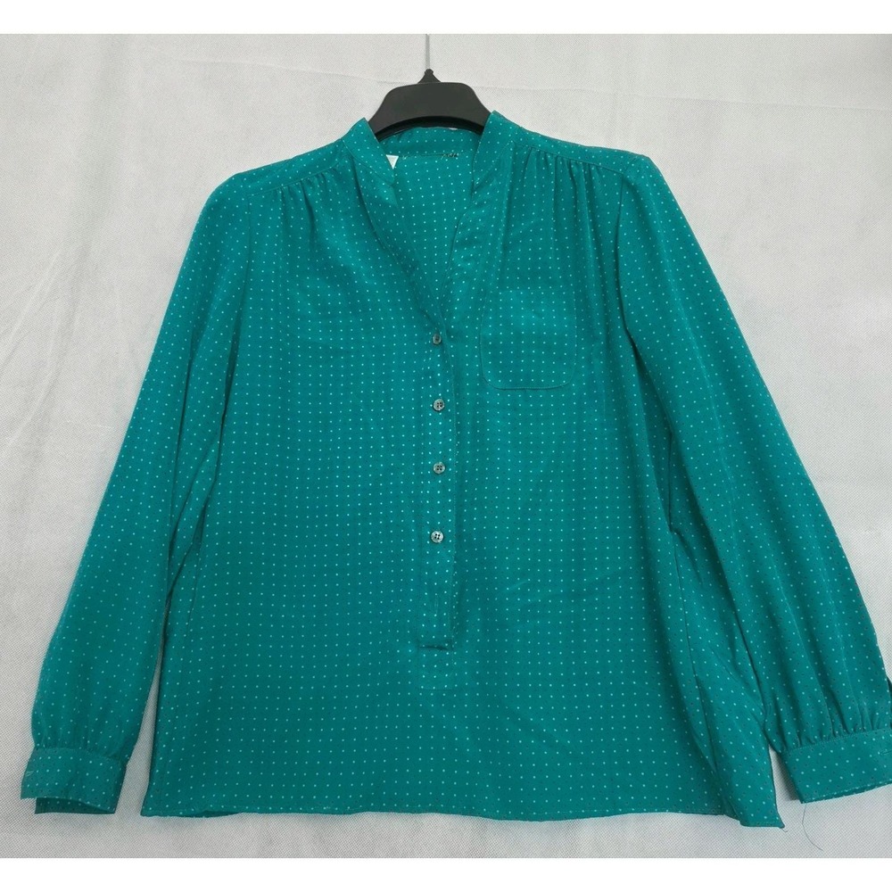 Vintage 80s Womens L Teal w/ Red White Polka Dot Secretary Blouse Long Sleeve